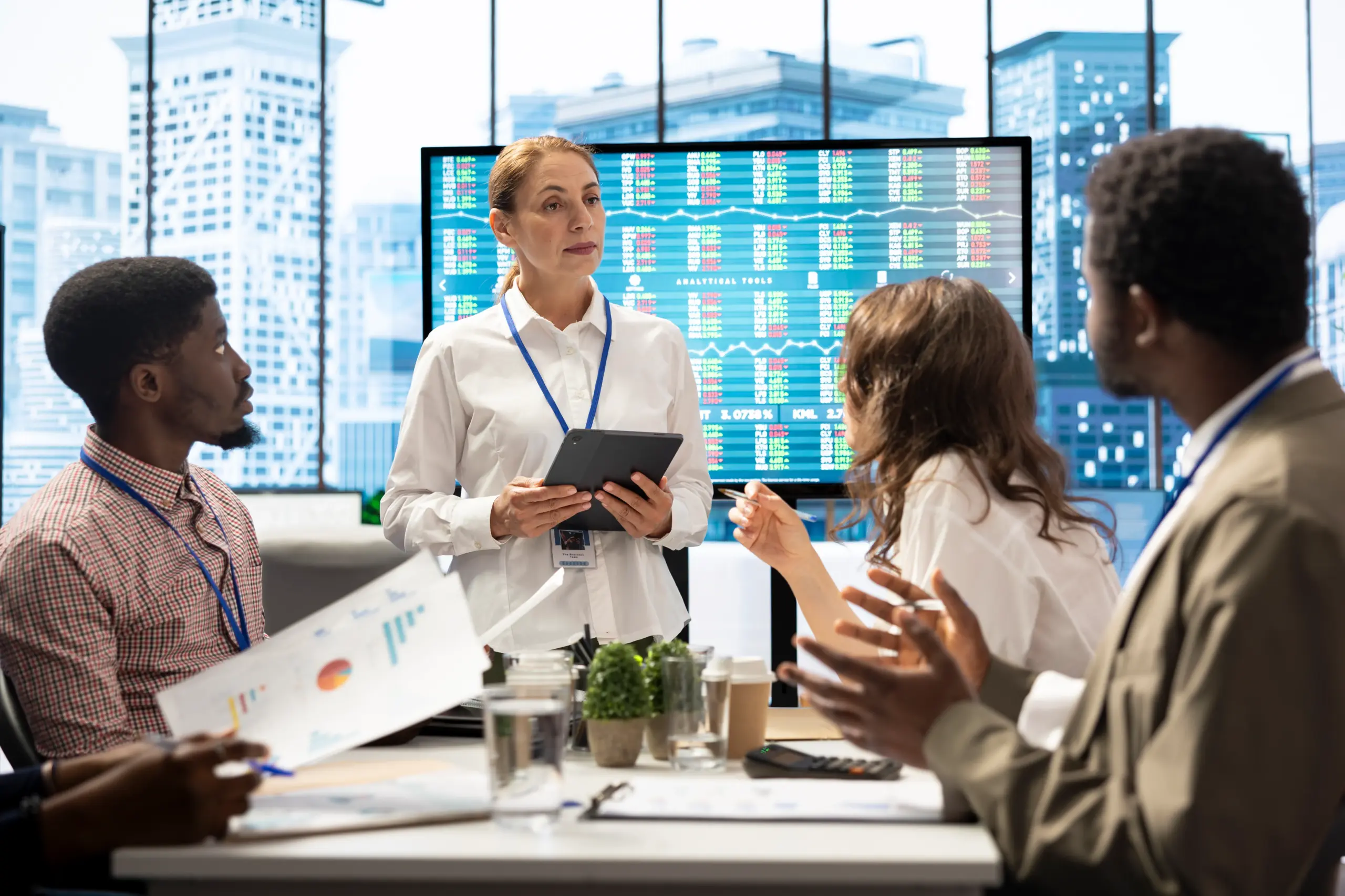 Team analysiert Daten gemeinsam vor einem großen Analytics-Dashboard. - Deutsch Marketing