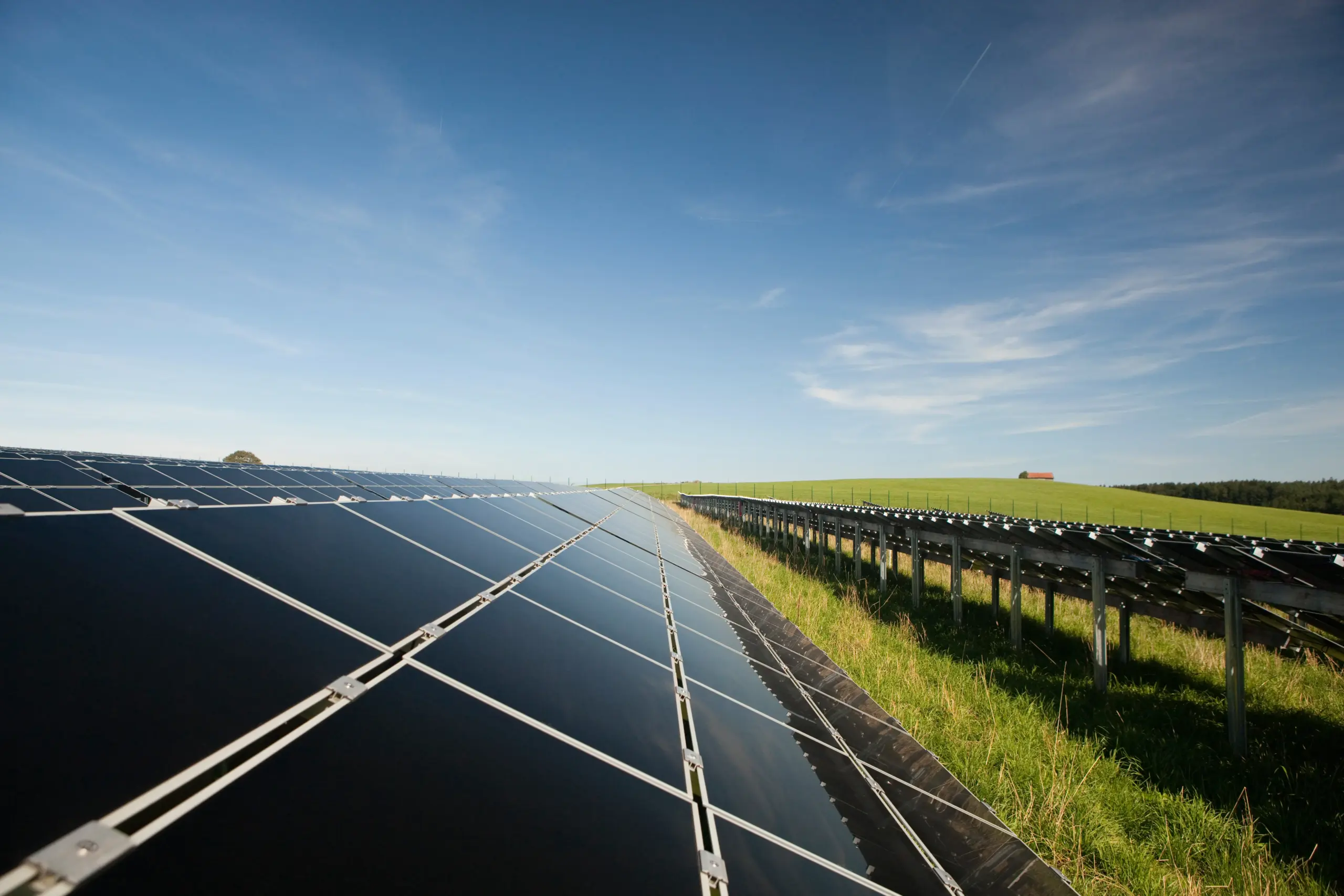 Großflächige Photovoltaikanlage auf freiem Feld mit Reihen aus Solarmodulen unter blauem Himmel. - Media Beats