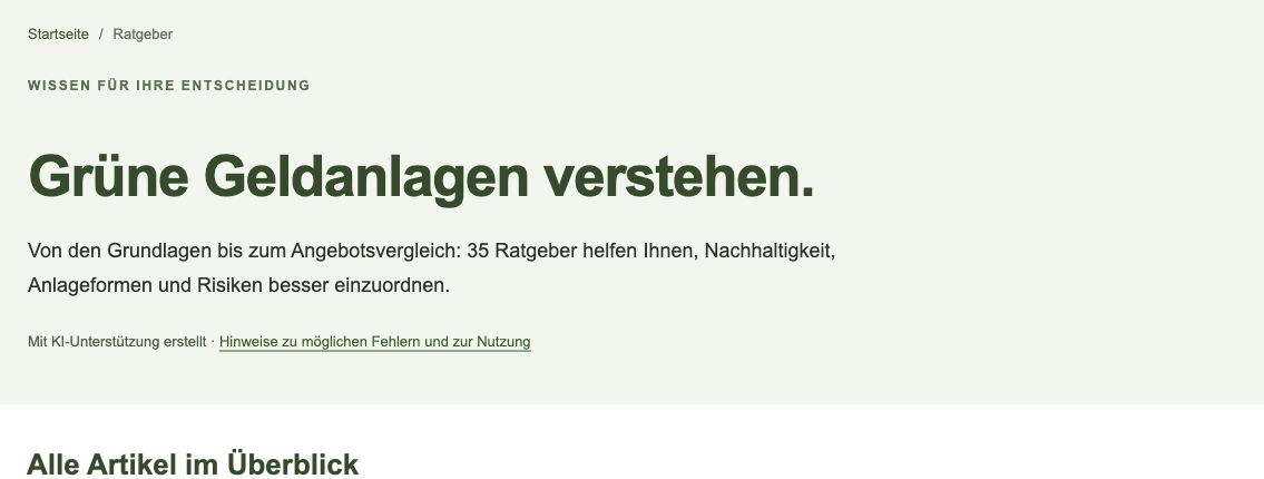 Einblick in den Ratgeberbereich unseres Portals Grüne Geldanlage finden