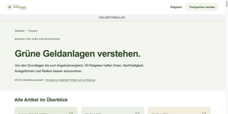 Ratgeberbereich des Portals Grüne Geldanlage finden mit der Überschrift Grüne Geldanlagen verstehen