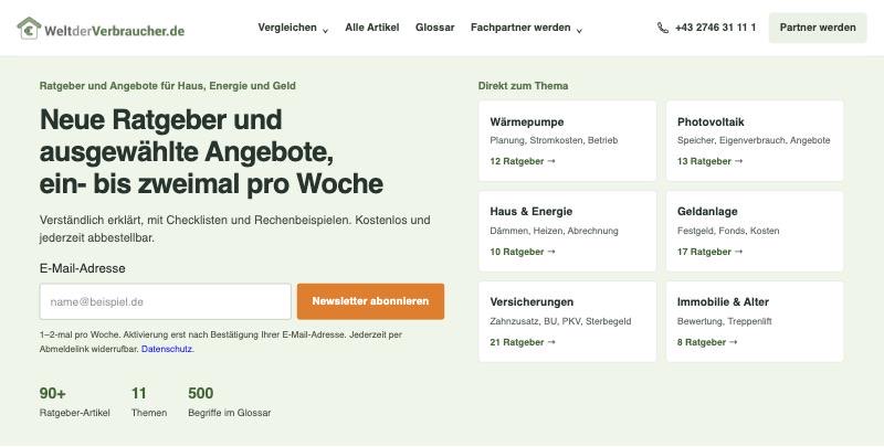 Startseite von Welt der Verbraucher mit Newsletter-Anmeldung und Themenübersicht